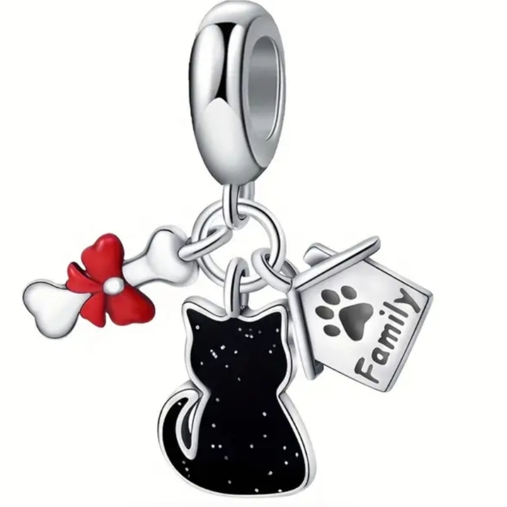Silver Cat Charm with Red Bow and Family Tag